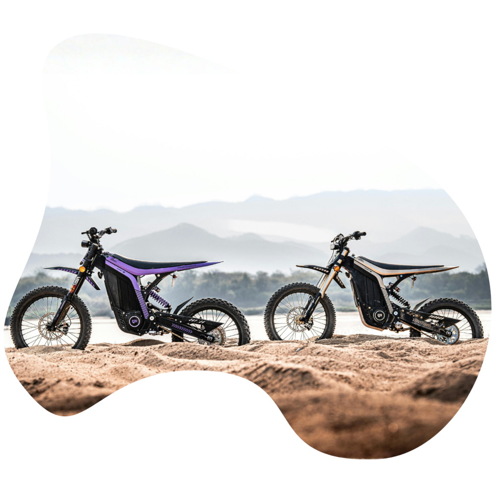 Two electric bikes on sandy terrain with mountains in the background.
