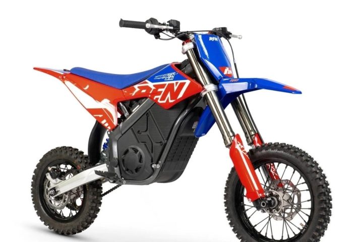 Red and blue off-road motorcycle with RFN logo on body.