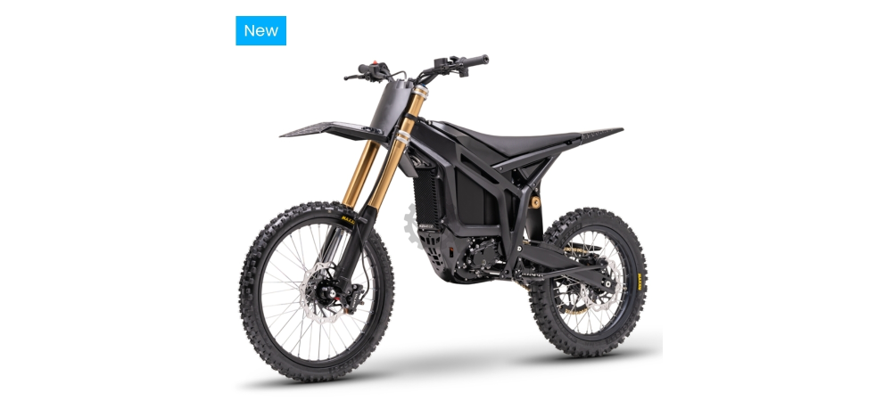 Black electric off-road motorcycle with a modern design, shown on a white background.