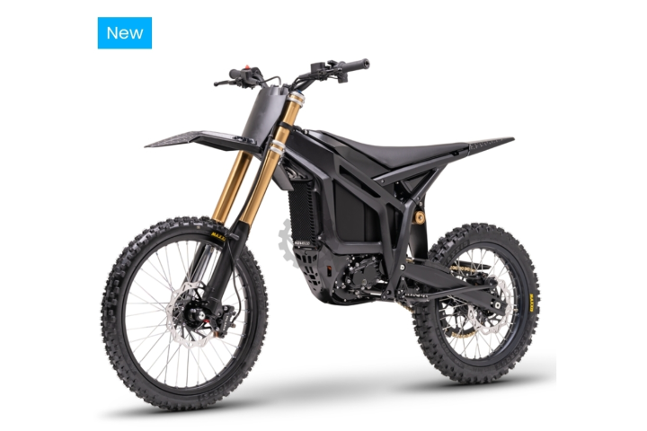 Black electric off-road motorcycle with a modern design, shown on a white background.