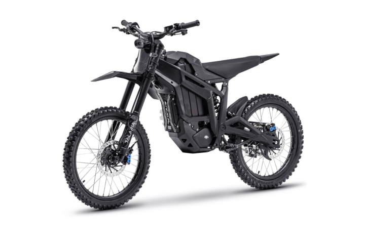 A sleek black electric dirt bike on a white background.
