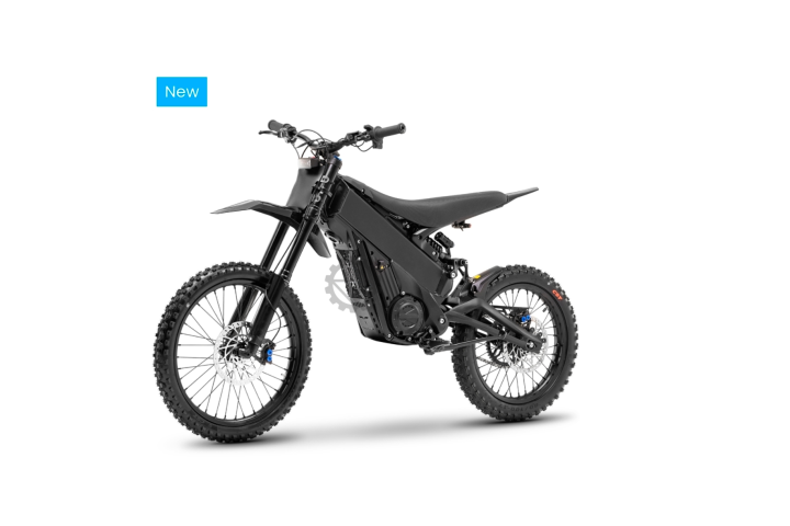 Black electric dirt bike with off-road tires on a white background.