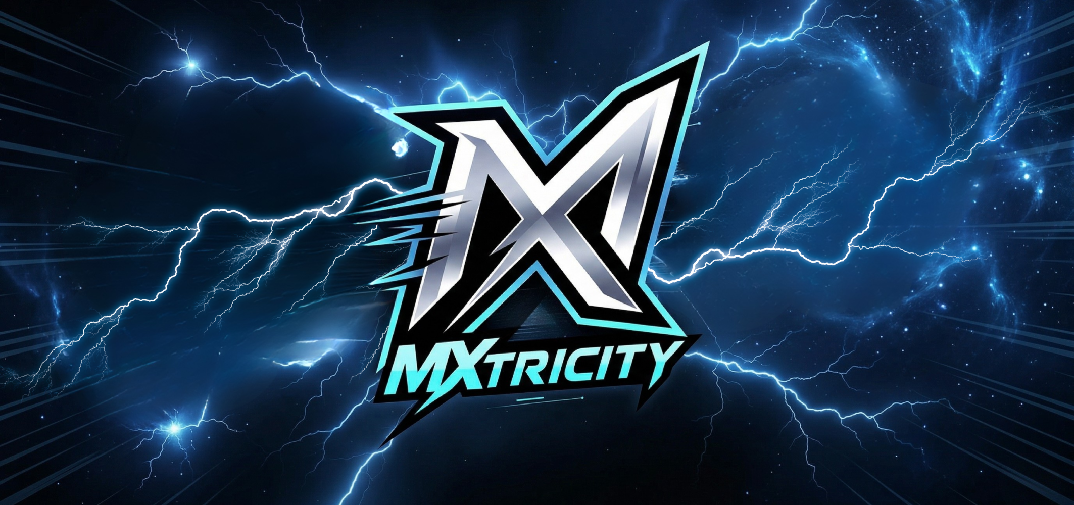 Futuristic 'MXtricity' logo with lightning on a blue background.