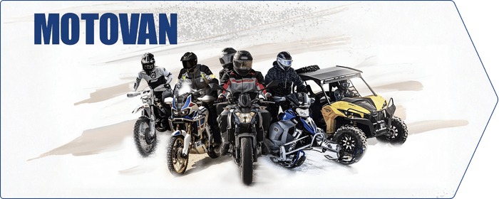 Group of five motorcyclists and an off-road vehicle with 'MOTOVAN' text.