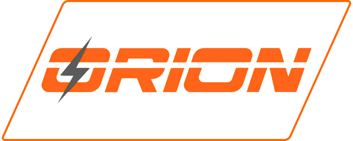 Orange 'Orion' logo with lightning bolt on white background.